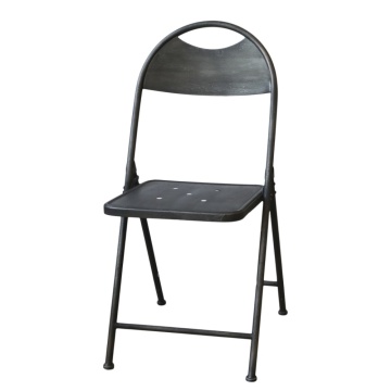 Scaun dining pliabil industrial din fier, negru, cu spătar arcuit și șezut perforat, finisaj patinat, Î 89 x A 53 cm
