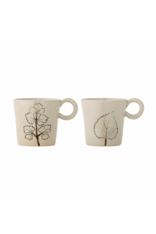 Set 2 căni din ceramică artizanală natur cu finisaj antichizat și motive botanice cu frunze, 9×9 cm, "Aubrin"
