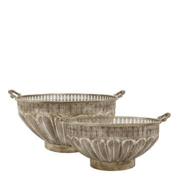Set 2 ghivece cu picior din metal, mocca antichizat, H24/D48 cm