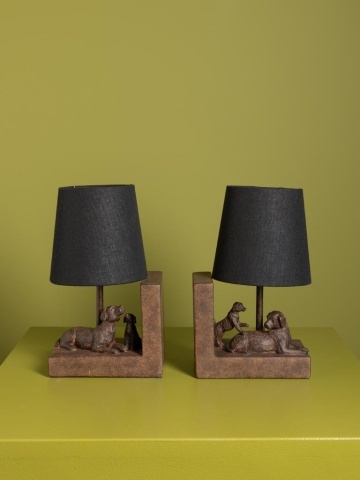 Set 2 lămpi de masă din bumbac negru, cu structură din rășină maro în formă de câine, finisaj patinat, 28×31×13 cm, „Compagnon" - Img 5