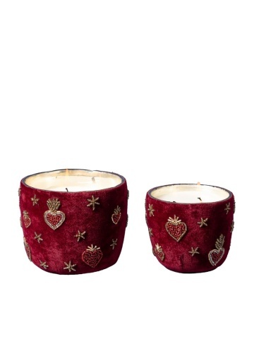 Set 2 lumânări decorative din sticlă și catifea bordo, brodate cu inimi și stele aurii, finisaj catifelat, 12 x 13 cm, „Sacré-Cœur”