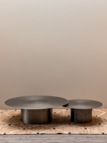 Set 2 măsuțe de cafea rotunde din metal, gri, cu bază cilindrică și muchie aurie, finisaj periat, 35 x 120 cm, „Calgary” - Img 2