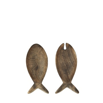 Set 2 platouri pentru servire în formă de pești din lemn de mango sculptat manual, L16 cm, „Mango Fish Serving Set"