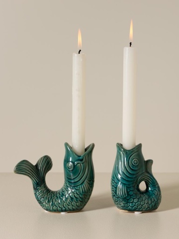 Set 2 suporturi pentru lumanari din ceramica, verde inchis, "Fish" - Img 3