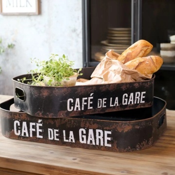 Set 2 tavi din metal cu patina vintage, "Cafe de la Gare" - Img 2