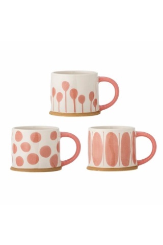 Set 3 căni natur din ceramică artizanală pictată manual cu motive geometrice în roz, 450 ml, 11×8,5 cm, "Linora"