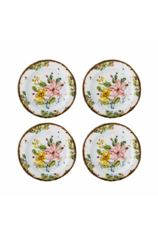Set 4 farfurii din ceramică artizanală albă cu motive florale roz pictate manual și margine aurie, 15×1,5 cm, "Savina"