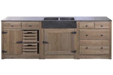 Set mobilier rustic de bucătărie din lemn de pin și blat din piatră neagră, 236 x 55 x 86 cm, „Cottage Kitchen Set"