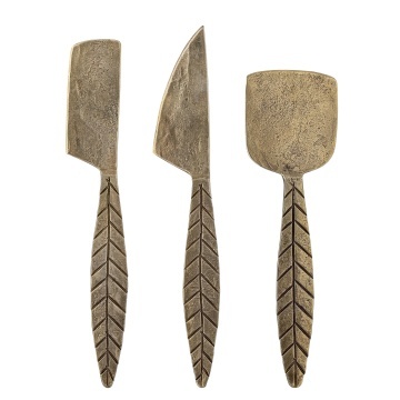 Set rustic de 3 cuțite pentru brânzeturi din metal cu model vegetal, finisaj alamă antichizată, 19×5 cm, „Citra”