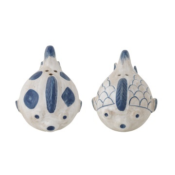 Set solniță și pipernița din ceramică albastră în formă de pești pictați manual, 9,5×6,5×9 cm, „Fugu" - Img 2