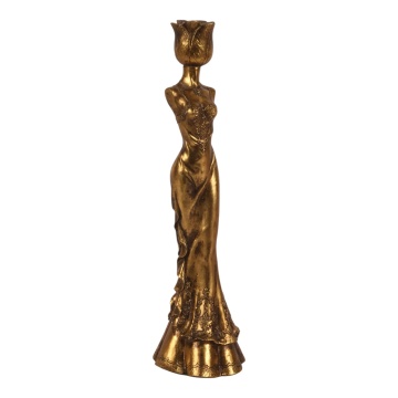 Sfeșnic din polirășină, auriu, siluetă feminină în rochie brodată, cu cupă în formă de lalea, finisaj antichizat, 39,5 x 11 cm, „Nymphe”