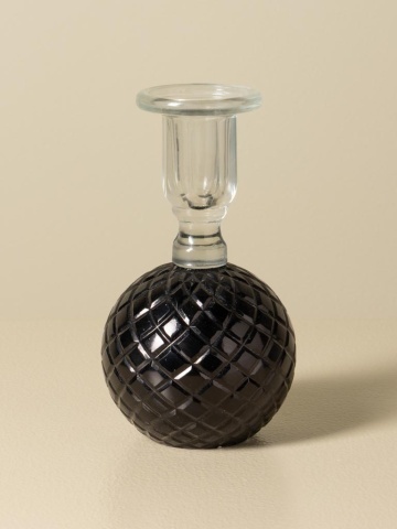 Sfeșnic din sticlă neagră cu bază sferică cu reliefuri romboidale și suport cilindric transparent, finisaj lucios, 16×9 cm, „Verelune" - Img 5