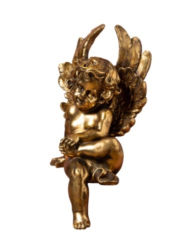 Statuetă decorativă heruvim din rășină, auriu, aripi și bucle fin sculptate, finisaj antichizat, 37 x 17 x 20 cm, „Chérubin”