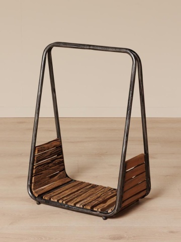 Suport lemne de foc din metal și lemn de mango reciclat, natur, cu cadru în A, 70 x 49 x 32 cm, „Cheyenne” - Img 2