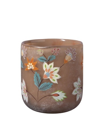 Suport lumânare din sticlă cu motive florale pictate manual, multicolor, finisaj mat, 9×8,5 cm, „Jardin"