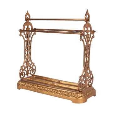 Suport pentru umbrele din aluminiu, auriu, cu 3 compartimente, panouri laterale decupate și tavă pentru apă, 60 x 61 x 25 cm, „Aurélie”