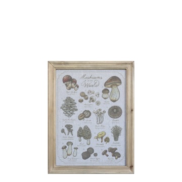 Tablou decorativ pe pânză cu motiv ciuperci și ramă din lemn masiv natur, 43x33x2 cm, „Forêt"
