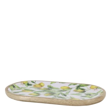 Tavă decorativă servire, stil mediteranean, decor lămâi, din lemn de mango, „Tours”