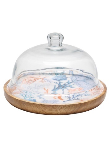 Tava pentru prajituri, din lemn de mango, cu capac din sticla, D23cm, Coral