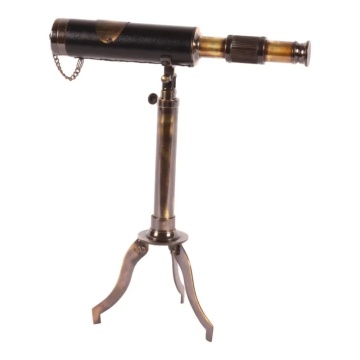 Telescop decorativ cu trepied din alamă și piele, negru și auriu, cu lentile reale și capac pe lanț, aspect vintage, finisaj antichizat, 35 x 25 x 14 cm, „Vigie”