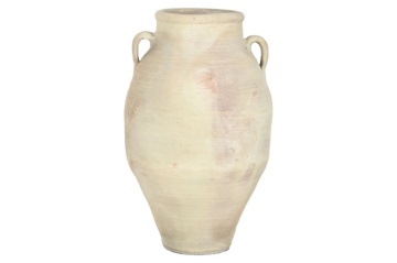 Vas decorativ amforă din teracotă artizanală, finisaj craft alb-crem, cu 2 anse, 55×55×96 cm, „Jerba"