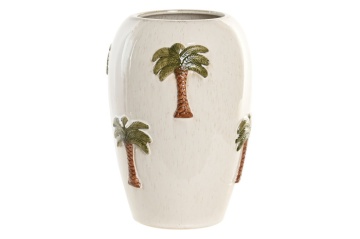 Vază decorativă tropical pictată manual alb cu accente maro și verde din ceramică , "Palmira"