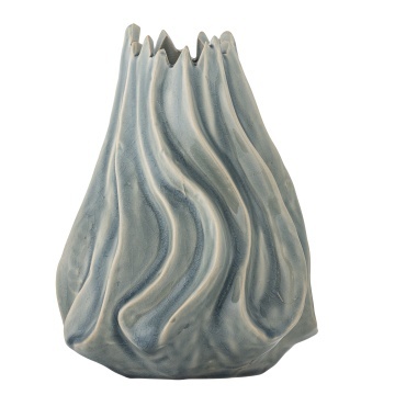 Vază din ceramică, albastru, formă sculpturală cu falduri verticale și margine neregulată, glazură reactivă, 18 x 17 cm, „Dilara” - Img 5