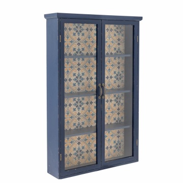 Vitrină de perete vintage mediteraneană din lemn, albastru, cu 2 uși vitrate, 3 rafturi și spate imprimat, 122 x 81 x 22 cm, „Hazem” - Img 3