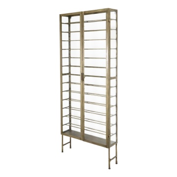 Vitrină pentru vinuri vintage din metal, auriu, cu 2 uși vitrate, 13 rafturi și laterale din sticlă, 194 x 77 x 22 cm, „Cellier”