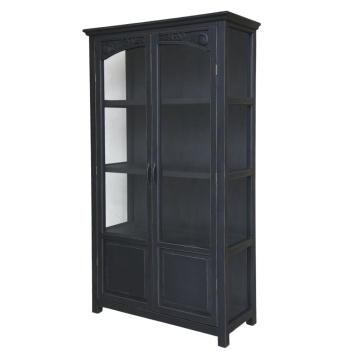 Vitrină vintage din lemn de pin, cu uși din sticlă și rafturi, finisaj negru antichizat, H170/L97/l41 cm