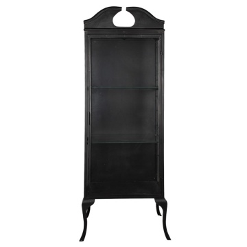 Vitrină vintage din metal, negru, cu 1 ușă vitrată, 2 rafturi din sticlă și coronament arcuit, 181 x 68 x 43 cm, „Noirette”