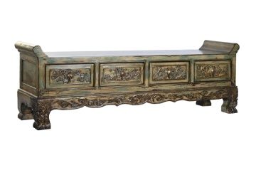 Banchetă orientală sculptată din lemn de ulm, finisaj antichizat multicolor, 4 sertare, 179 x 43 x 58 cm, „Ming"
