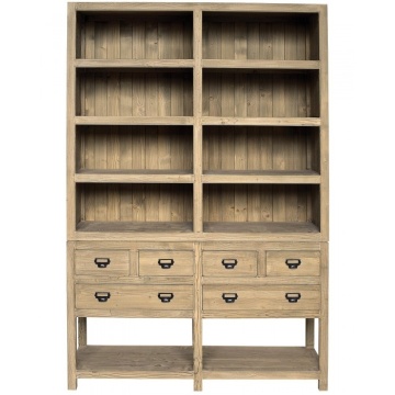 Bibliotecă cu sertare vintage din lemn de pin, natur, cu 8 rafturi deschise, 6 sertare și două coloane simetrice, 230 x 150 x 45 cm, „Portland”
