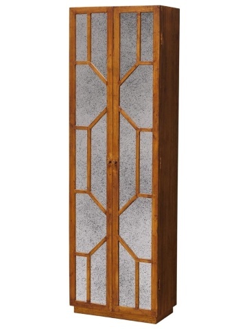 Bibliotecă cu uși vintage din lemn de mango, maro, cu 4 rafturi, 2 uși cu oglinzi antichizate și model geometric, 195 x 60 x 33 cm, „Odette”