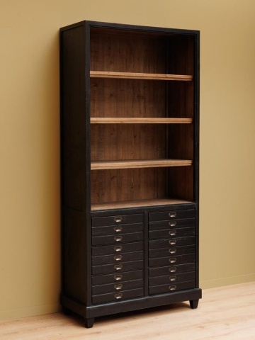 Bibliotecă vintage din lemn, neagră și natur, cu 3 rafturi deschise și 6 sertare, 200 x 100 x 45 cm, „Voltaire” - Img 4