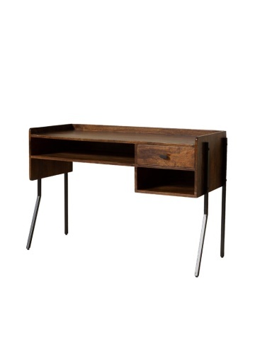 Birou vintage din lemn de mango și metal, cu blat maro antichizat, 1 sertar și picioare din metal negru, finisaj satinat, 117.5×50×80.5 cm, „Flow"