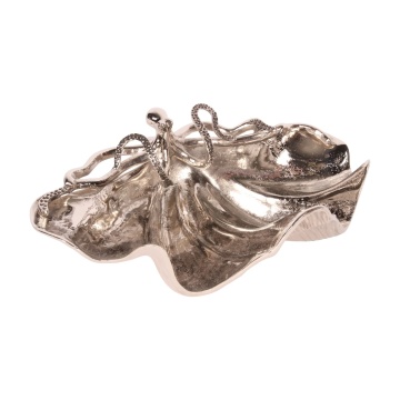 Bol decorativ din aluminiu reciclat, argintiu, în formă de scoică mare, cu caracatiță, centru de masă, decor marin, finisaj lucios, 14 x 43 x 28 cm, „Bénitier”