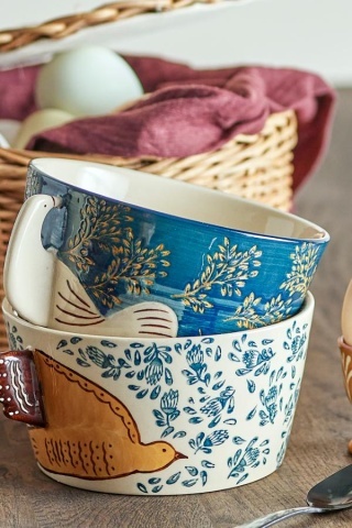Bol din ceramică bej cu decor pasăre și motive florale pictate manual în tonuri de albastru și maro, 13x7 cm, "Hezha" - Img 4