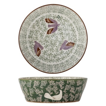 Bol din ceramică cu păsări lila și motive florale verzi pictate manual, 28×9 cm, „Hezha" - Img 2