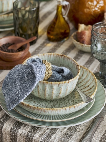 Bol rustic din ceramică artizanală cu dungi verticale maro pe fond bej, 14×7 cm, „Fleur" - Img 3