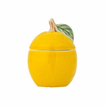 Borcan din ceramică cu capac, galben, formă de lămâie cu frunză și codiță, decorat parțial manual, 12 x 9 cm, „Limone”