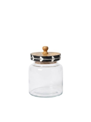 Borcan sticlă cu capac din lemn de mango, negru și natur, model cu frunze albe, mâner rotund, lucrat manual, 21 x 15 cm, „Sylve”