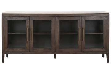Bufet living eclectic din lemn de mango, maro, cu 4 uși vitrate, blat din travertin și mânere din metal auriu, 85 x 180 x 40 cm, „Aveline”