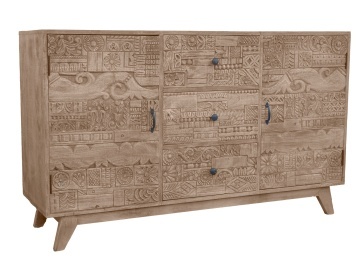 Bufet living în stil etnic, din lemn de mango, natur, cu 2 uși sculptate manual, 3 sertare și picioare înclinate, 91 x 150 x 45 cm, „Kheda”