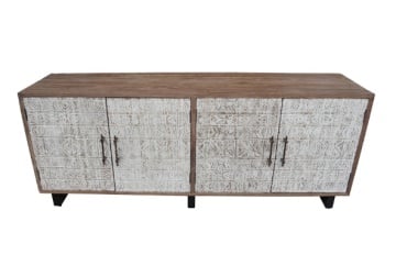 Bufet living în stil etnic din lemn de tec reciclat, maro, cu 4 uși, decor sculptat manual și picioare din metal, 80 x 200 x 45 cm, „Ansouis”