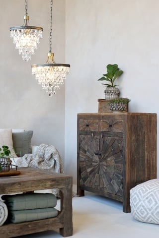 Bufet rustic din lemn reciclat, natur, cu 2 uși, 2 sertare și decor solar, 100 x 90 x 41 cm, „Grimaud” - Img 4