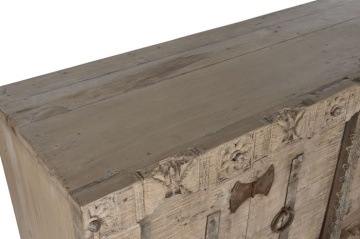 Bufet rustic din lemn reciclat, natur, cu 2 uși, decor sculptat manual și balamale fluture din metal, 92 x 167 x 51 cm, „Rigora” - Img 4