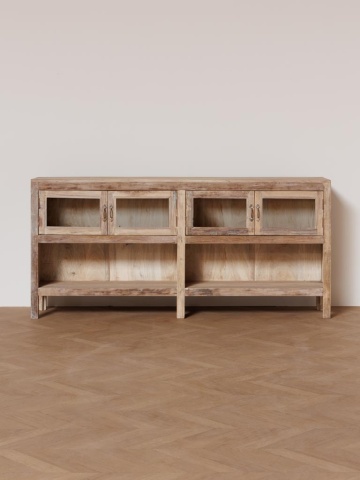 Bufet rustic din lemn reciclat, natur, cu 4 uși vitrate și rafturi deschise, 89 x 192 x 34 cm, „Pinot” - Img 2