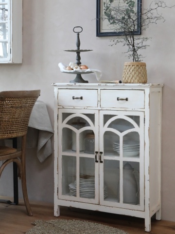 Bufet vintage din lemn, alb, cu 2 uși vitrate în arcadă și 2 sertare, stil shabby chic, 70 x 44 x 17,5 cm, „Vézelay” - Img 4