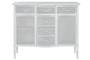 Bufet vintage din metal, alb, cu 3 uși și 3 sertare din tablă perforată, stil industrial, finisaj antichizat, 85 x 101 x 42 cm, „Merej”